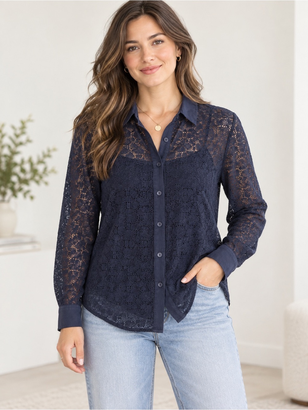 LOFT Women’s Large Navy Blue Sheer Lace Button-Down Long Sleeve Blouse